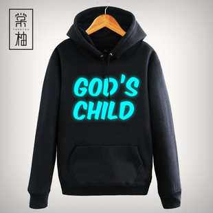 创意趣味字母印花卫衣god child男女休闲加绒连帽外套夜光衣服