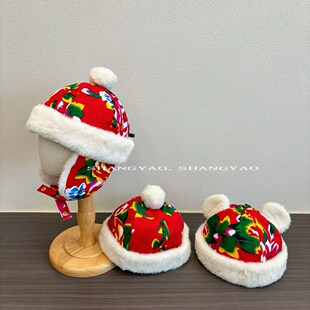 儿童帽子东北大花布地主帽男女宝宝冬季加绒民族风可爱耳朵瓜皮帽