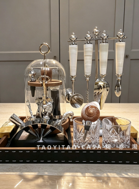 法式中古风样板房吧台餐边柜酒柜酒具套装组合牛骨托盘开瓶器摆件