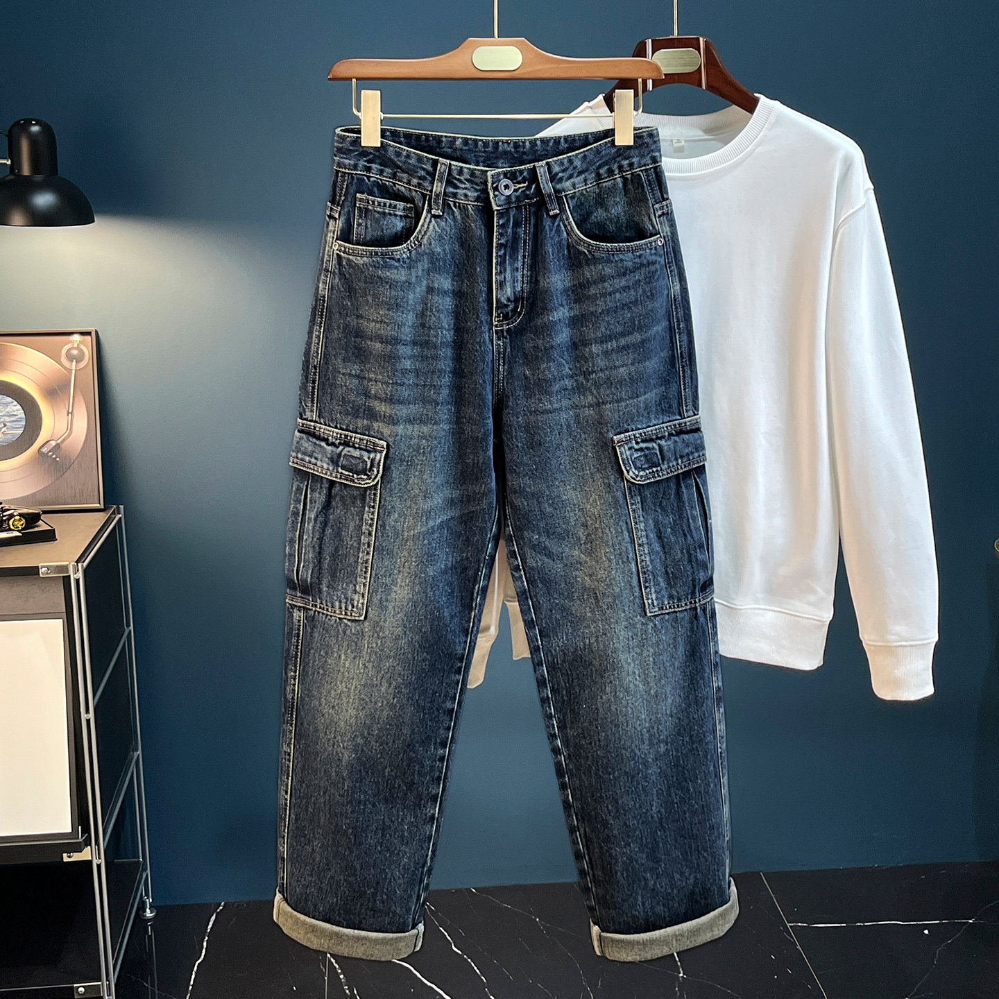 2025冬季复古水洗工装牛仔裤男士多口袋直筒宽松阔腿长裤美式高街,男装,牛仔裤,淘宝优惠券,粉丝福利购,淘宝优惠卷