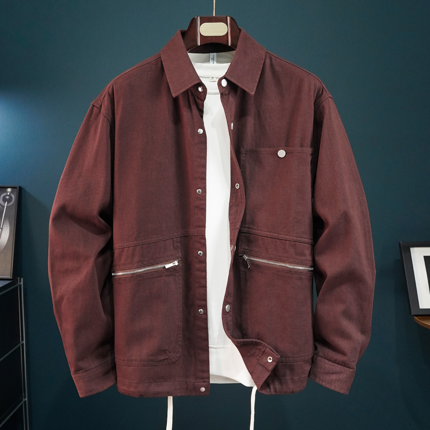 红色工装衬衫夹克男宽松衬衣潮流