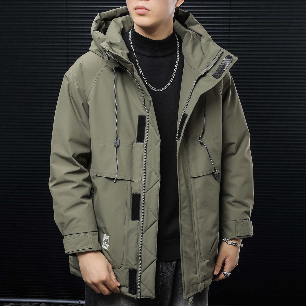 美式重磅工装连帽羽绒服男中长款