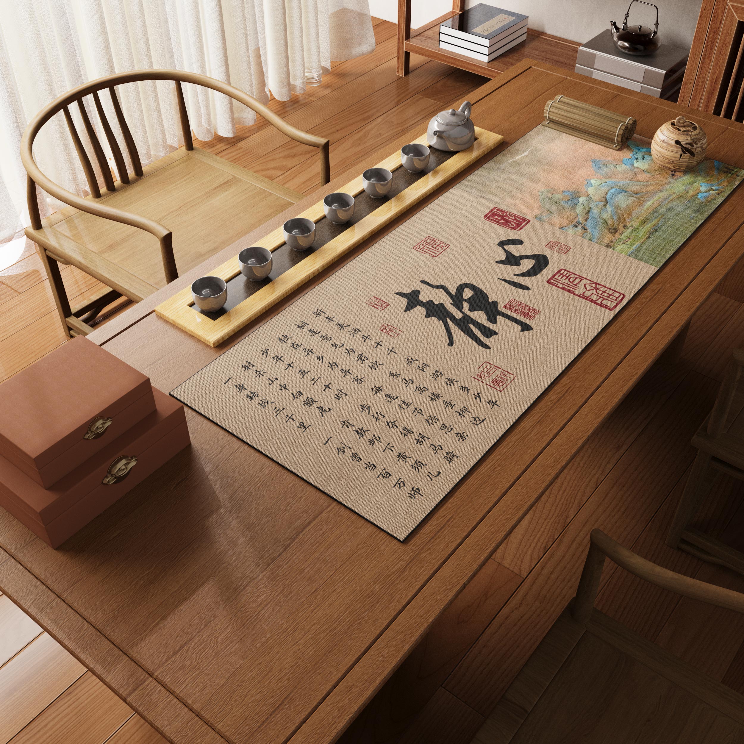 中式禅意桌旗吸水皮革茶席沥水垫