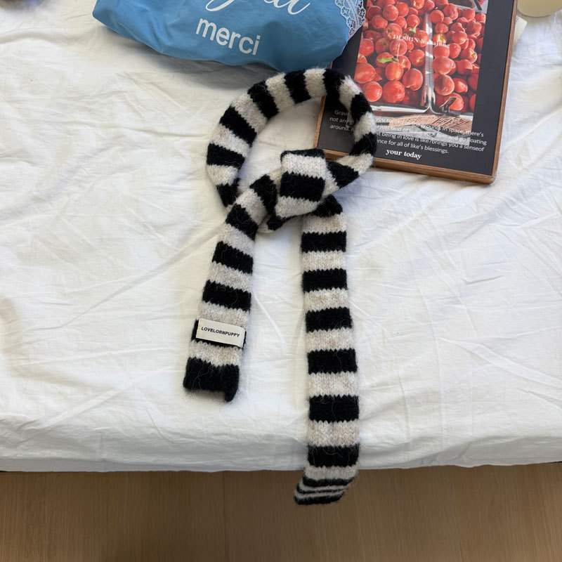 羊毛混纺条纹腊肠围巾日系原宿细围巾辣妹y2k千禧保暖围脖凹SD56