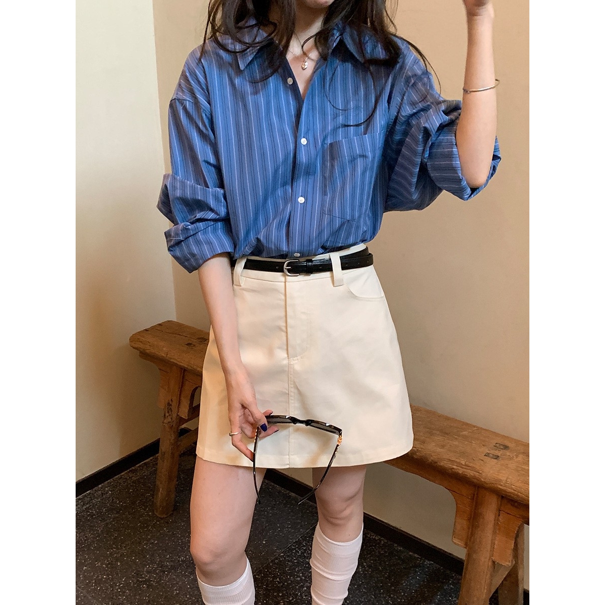 韩系慵懒风长袖条纹衬衫女2025秋季新款宽松显瘦百搭翻领开衫ce83