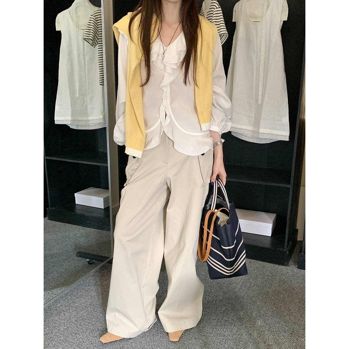 法式木耳边天丝v领长袖衬衫女2025秋季新款宽松百搭开衫休闲ce80