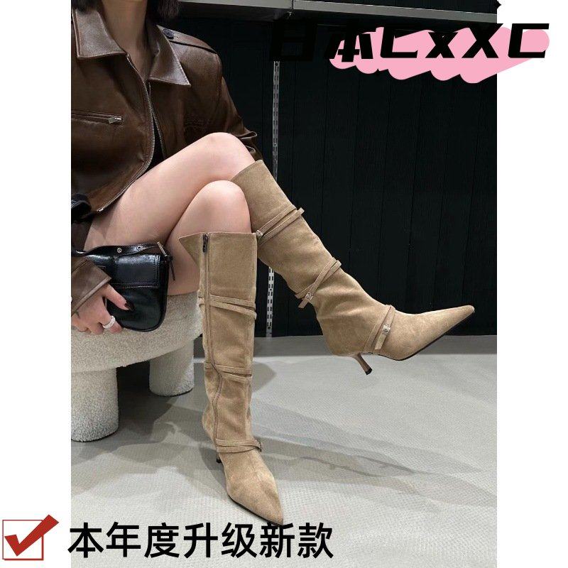 时髦精长靴2024秋冬细带尖头绒面细跟高筒靴不过膝高跟长靴女YY20