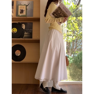 松紧高腰显瘦百搭棉质a字ce12 韩版 白色花边半身裙女秋季 2025新款