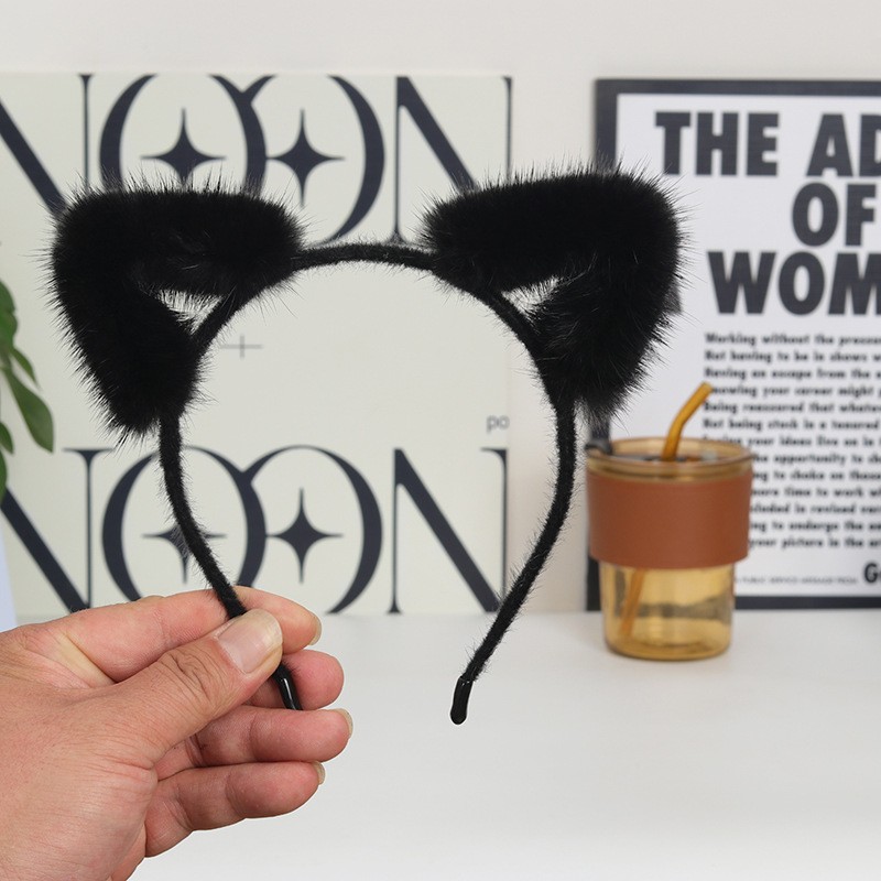 真毛貂毛猫耳朵发箍可爱头饰ins网红女主播头箍水貂毛细毛绒HB49