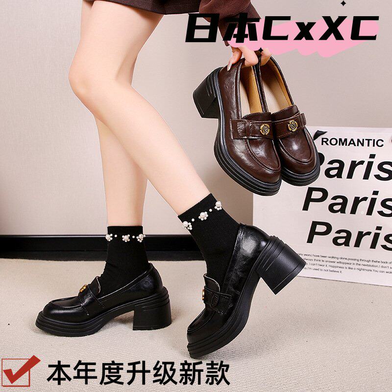 英伦风厚底小皮鞋女软皮粗跟乐福鞋2025年新款春季高跟懒人女YY20