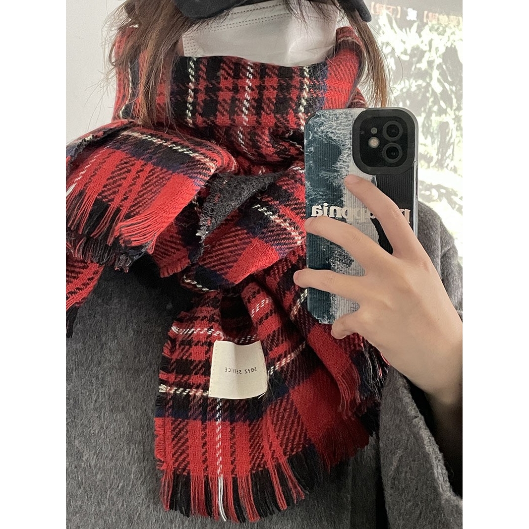 红色氛围感~围巾女冬季百搭学生复古圣诞格子双面保暖围脖学SD75