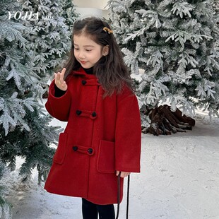 女童外套秋冬款2026新款洋气女孩红色妮子童装冬季加厚儿童大衣