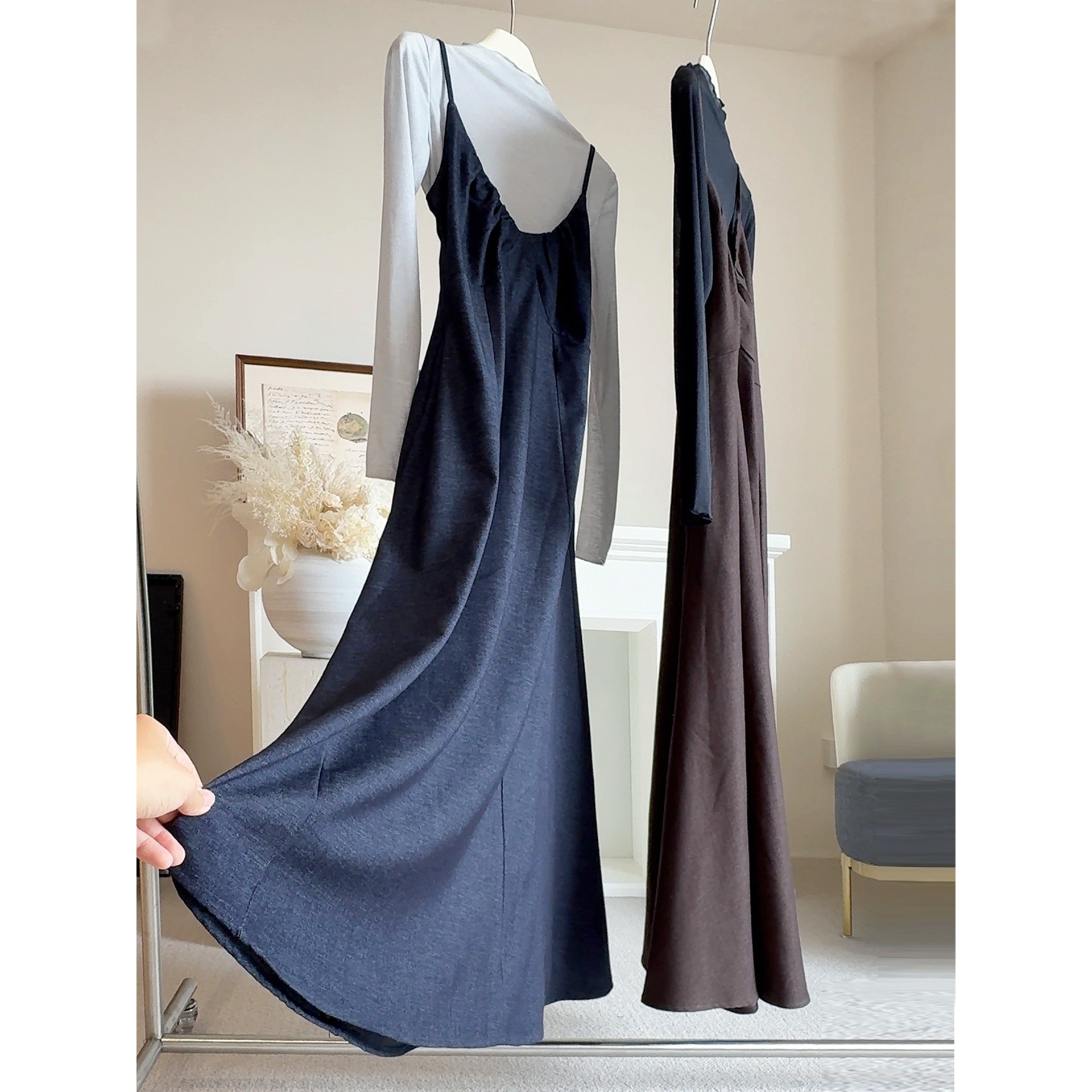 法式高级感吊带连衣裙套装女2025秋新款气质显瘦打底衫长裙两b206