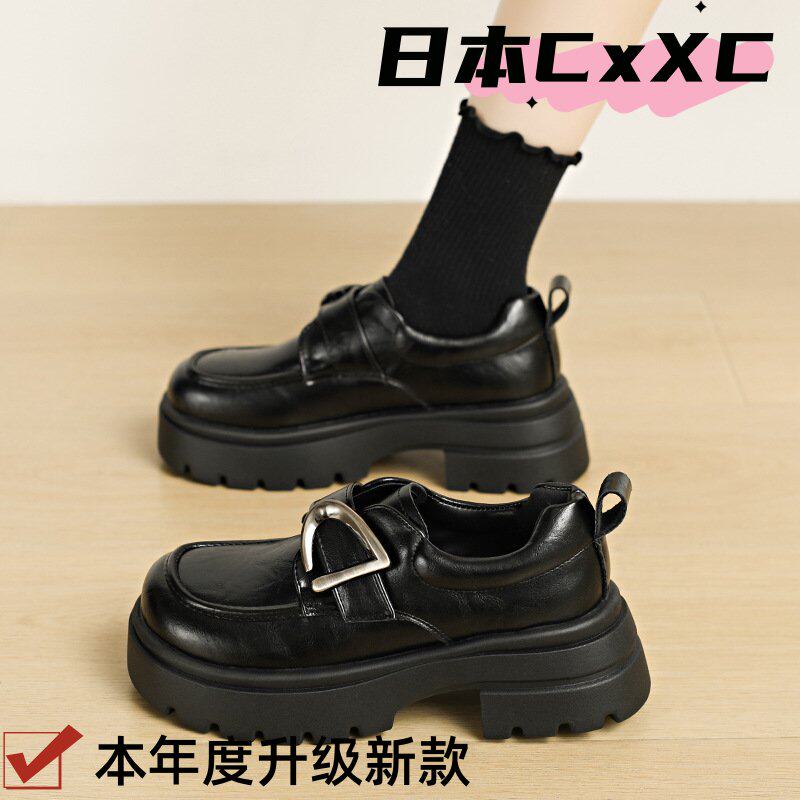 软皮厚底乐福鞋女2025秋冬新款厚底英伦风覆古防滑jk小皮鞋单YY94