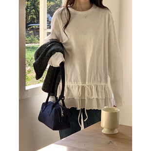 韩版 新款 设计感抽绳绑带收腰休闲ce32 t恤女秋季 慵懒宽松白色长袖