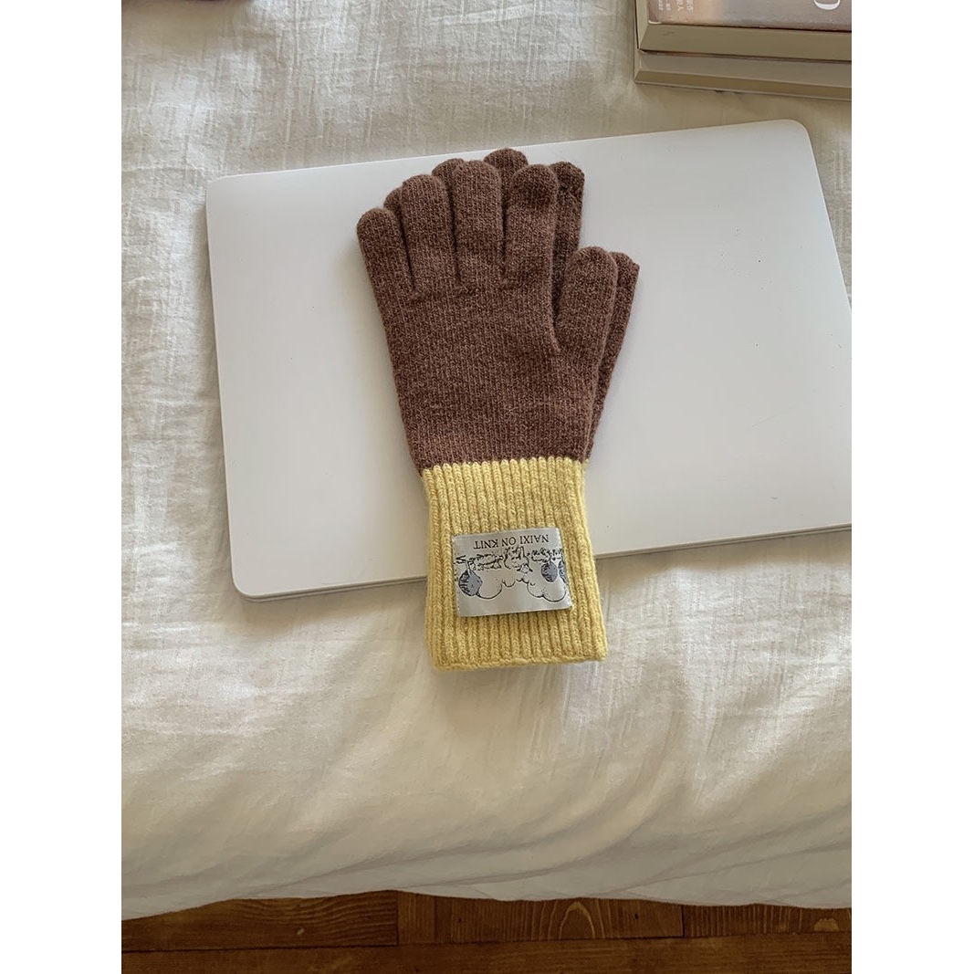 秋冬新款糖果色拼色针织纯色露指触屏手套含羊毛女韩系日系穿SD31