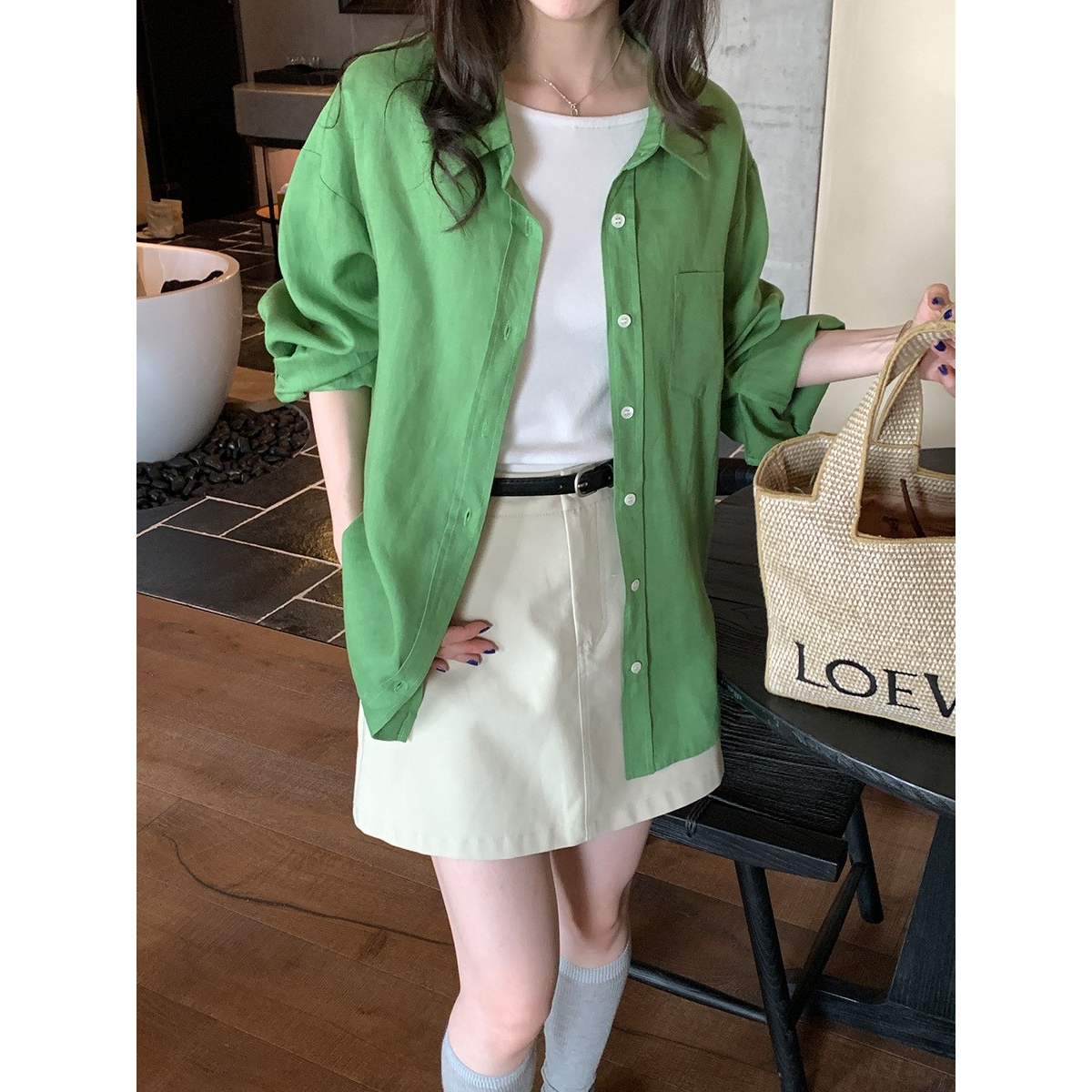 天丝亚麻慵懒宽松长袖衬衫女2025新款韩版百搭防晒衬衣上衣ce62