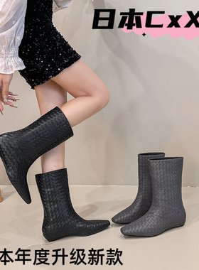 法式气质复古灰色高级感编织坡跟小方头直筒靴时尚百搭显瘦短YY90