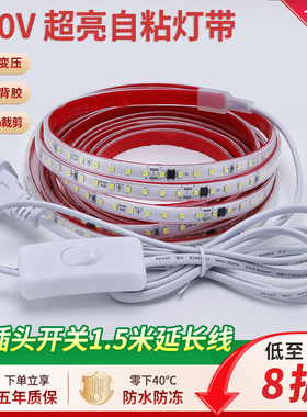 220v超亮自粘户外防水LED带开关插头灯带床头氛围软灯条户外防水