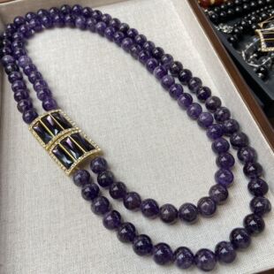 百搭轻奢复古项链耳钉女 天然玛瑙紫水晶扣双层毛衣链简约时尚