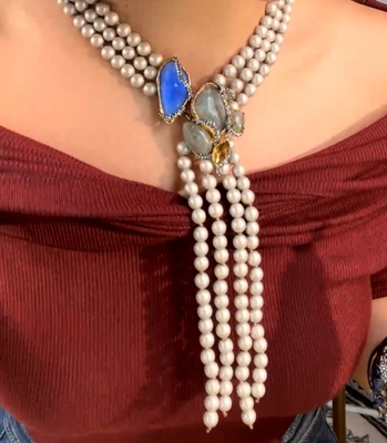欧美鬼才设计师复古宝石珍珠名媛三层叠加流苏项链婚礼派对晚宴