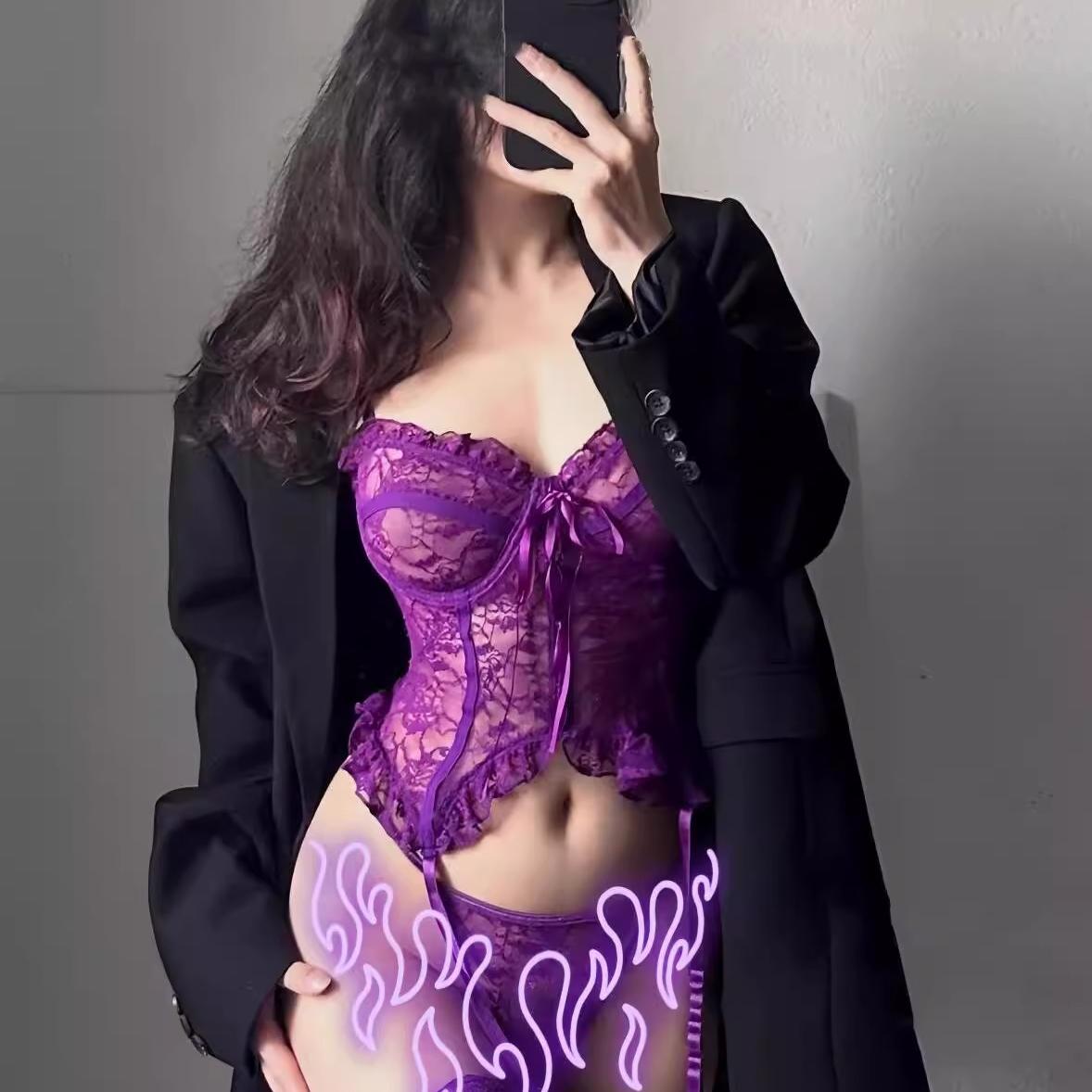 韵味紫性感内衣女吊带马甲制服纯欲辣妹连体衣小胸显大透视胸衣