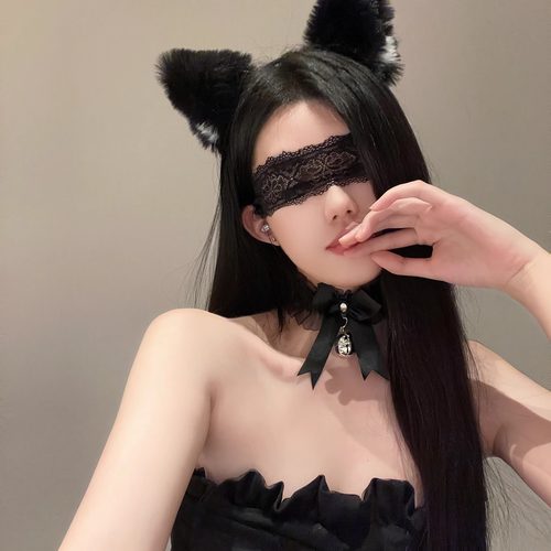 (发箍+项圈)猫耳朵铃铛头箍性感狐狸发卡女蕾丝眼罩可爱发饰装饰