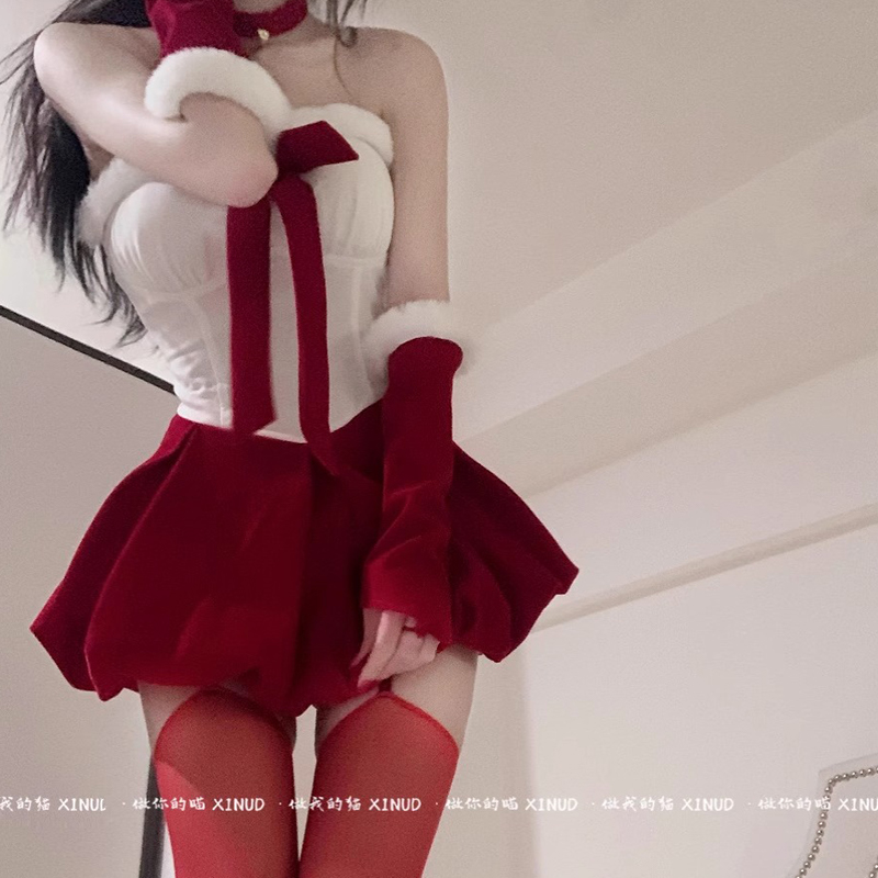 圣诞兔甜心*丝绒抹胸红色蓬蓬连衣短裙圣诞服装cos兔女郎制服站泡