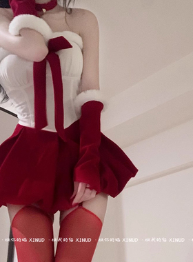 圣诞兔甜心*丝绒抹胸红色蓬蓬连衣短裙圣诞服装cos兔女郎制服站泡