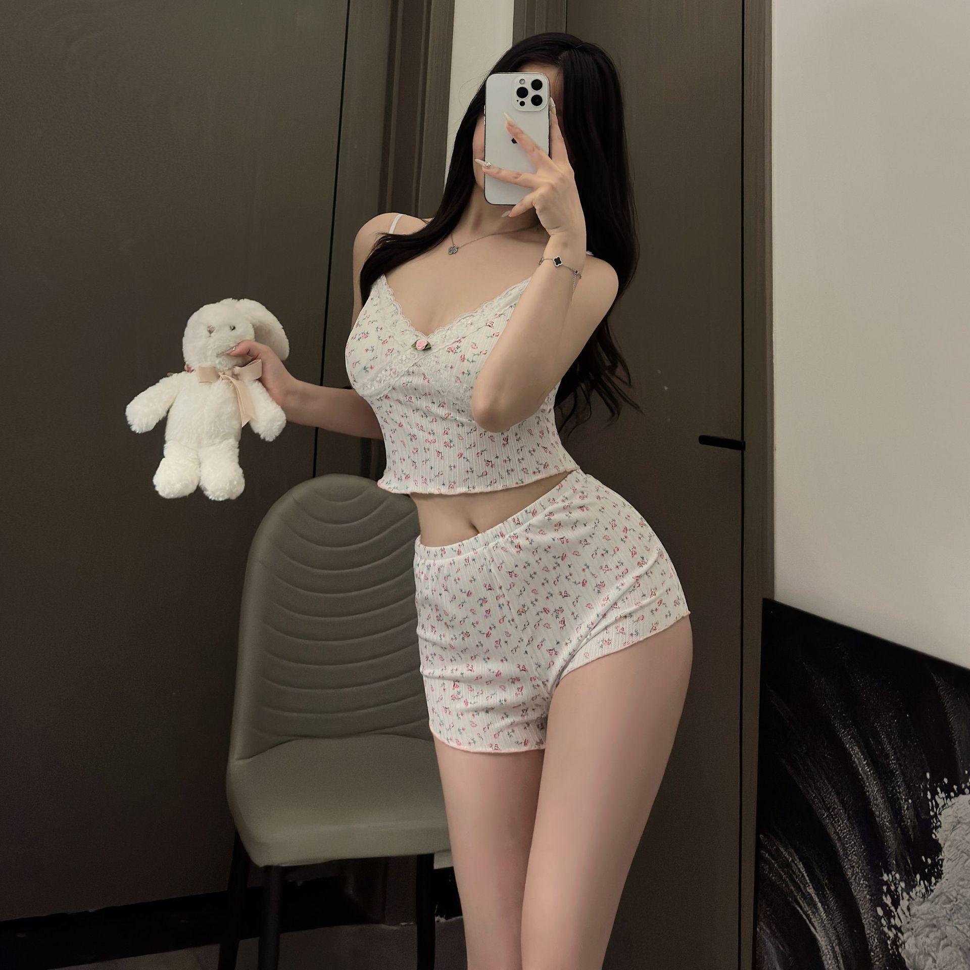 美式复古碎花短袖T恤+短裤套装2024夏季新款两件套带胸垫吊带睡衣