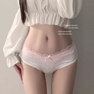 低腰透气舒适少女感棉裆包臀三角裤 甜美小香蕾丝爱心波点女内裤