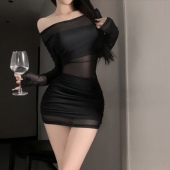 修身 新款 显瘦气质包臀短裙 收腰连衣裙女夏季 性感风一字肩网纱长袖