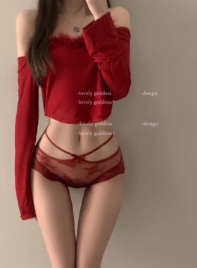 红红火火~本命年红色可爱内裤女性感蕾丝纯欲透明镂空低腰三角裤
