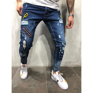s Destroyed Frayed Print Embroidery Slim Fit Denim Pant Jean