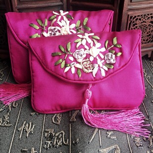 丝绸首饰袋 民族汉风手工绣花拉链流苏布艺首饰收纳佛珠袋深玫红