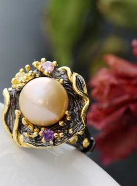 S925纯银复古镀金手工天然淡水珍珠个性夸张女士食指活开口戒指环