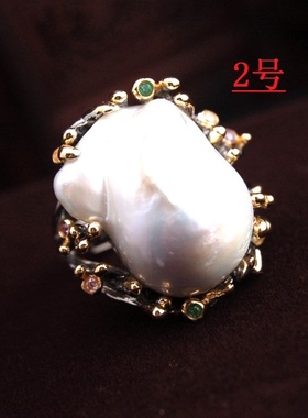 S925纯银复古镀金巴洛克天然异形珍珠个性夸张女士食指活开口戒指