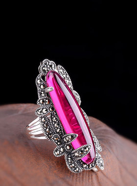 纯银镶嵌黑玛瑙高档夸张女士戒指