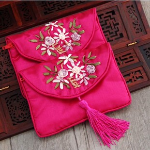 丝绸布艺首饰袋 民族风手工绣花拉链流苏高档锦囊小布袋浅枚红色
