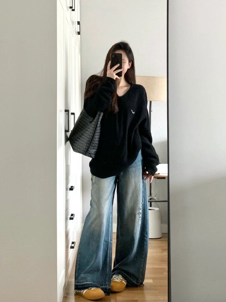 큰 사이즈 지방 MM 블랙 느슨한 게으른 스웨터 여성 가을 ??새로운 하이 엔드 캐주얼 V 넥 스웨터 탑