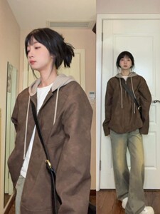 大码胖妹妹美拉德假两件扎染连帽皮衣外套女秋冬复古宽松开衫夹克