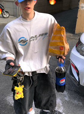 Aurocean 千禧少年感灰白色油墨印花T恤 重磅纯棉破损做旧短袖t