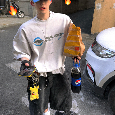 Aurocean 千禧少年感灰白色油墨印花T恤 重磅纯棉破损做旧短袖t