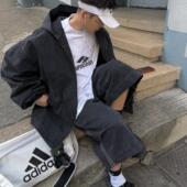 Aurocean 黑色防风衣 简约纯色宽松大版 廓形水洗旧感工装 连帽外套