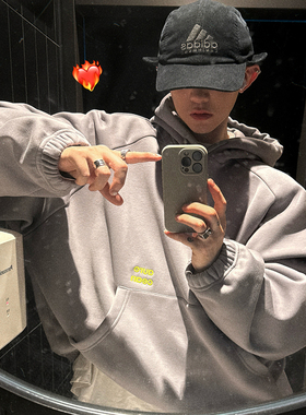 Aurocean 定染银灰色加绒连帽卫衣500克亲肤绒宽版廓形插肩袖内搭