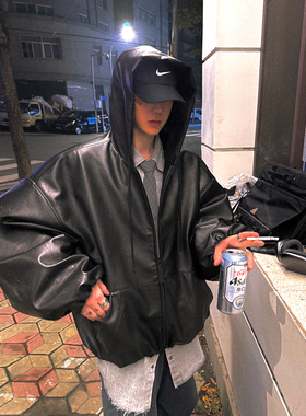 Aurocean 短宽廓形连帽皮衣外套 细腻微光泽感环保PU防风衣