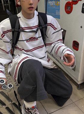 Aurocean 定制少年感宽条纹长袖T恤 320克重磅纯棉刺绣宽松大版t