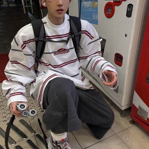 Aurocean 定制少年感宽条纹长袖T恤 320克重磅纯棉刺绣宽松大版t