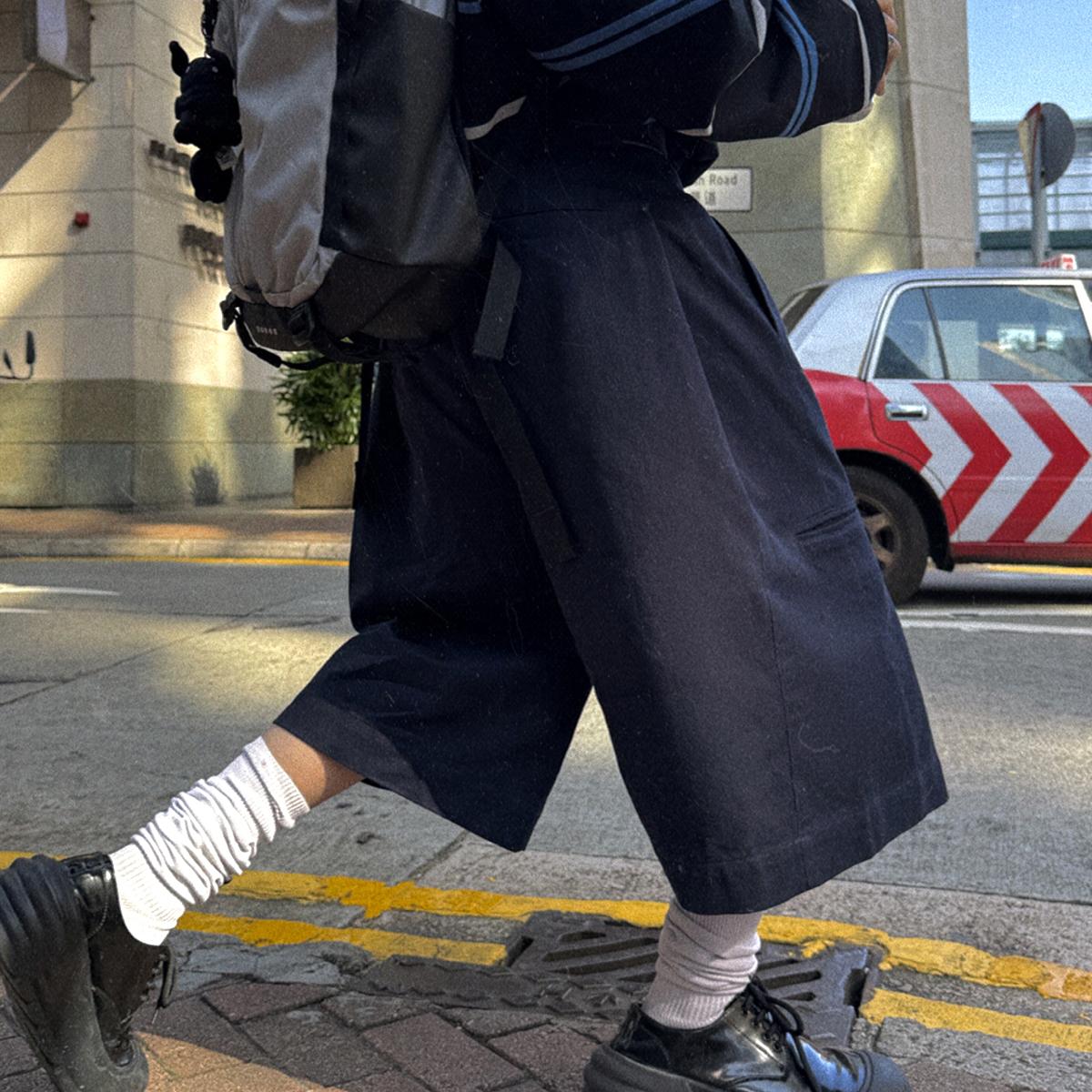 Aurocean 日系复古学院中裤 少年感收腰廓形重磅大版深蓝色短裤