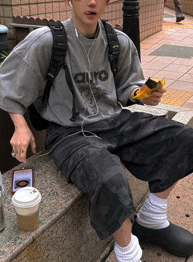 Aurocean 水洗灰色日漫丧脸T恤 破损做旧纯棉油墨印花大版短袖